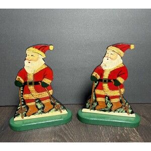 VTG Hand Made Folk Art Textured Santa Claus Skiing Christmas Dummy Board Set/2